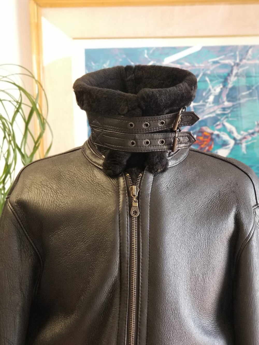 Men's Black Shearling Bomber Jacket - Picture 4 of 11